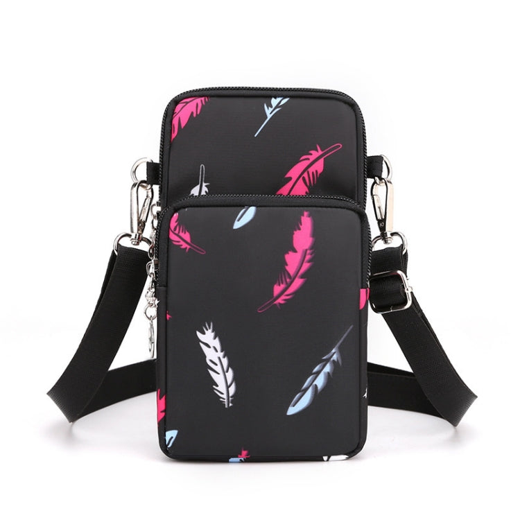Crossbody Mobile Phone Bag Vertical Wallet Arm Bag With Headphone Hole - Black Feather