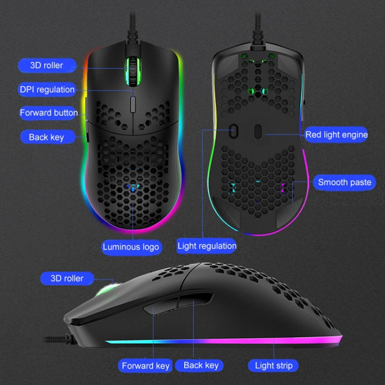 XUNSVFOX XYH90 Wired Hollow Hole Mouse RGB Illuminated Macro Programming Gaming Mouse - Black