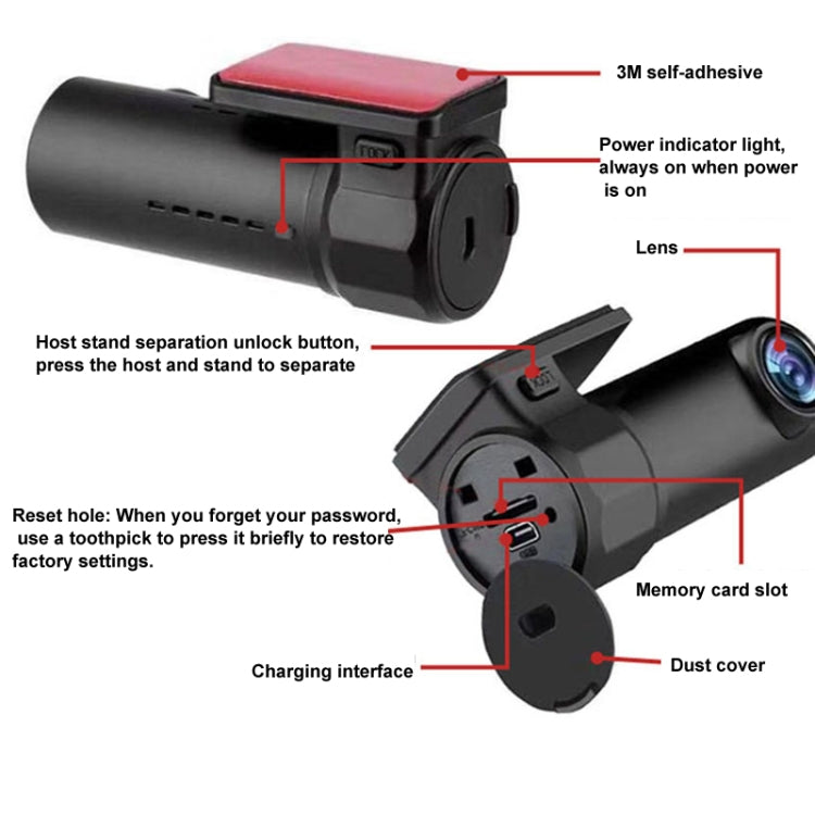 S600 1080P Wifi Dash Cam 170 Degree Wide Angle Lens Hidden Car Driving Recorder - Black