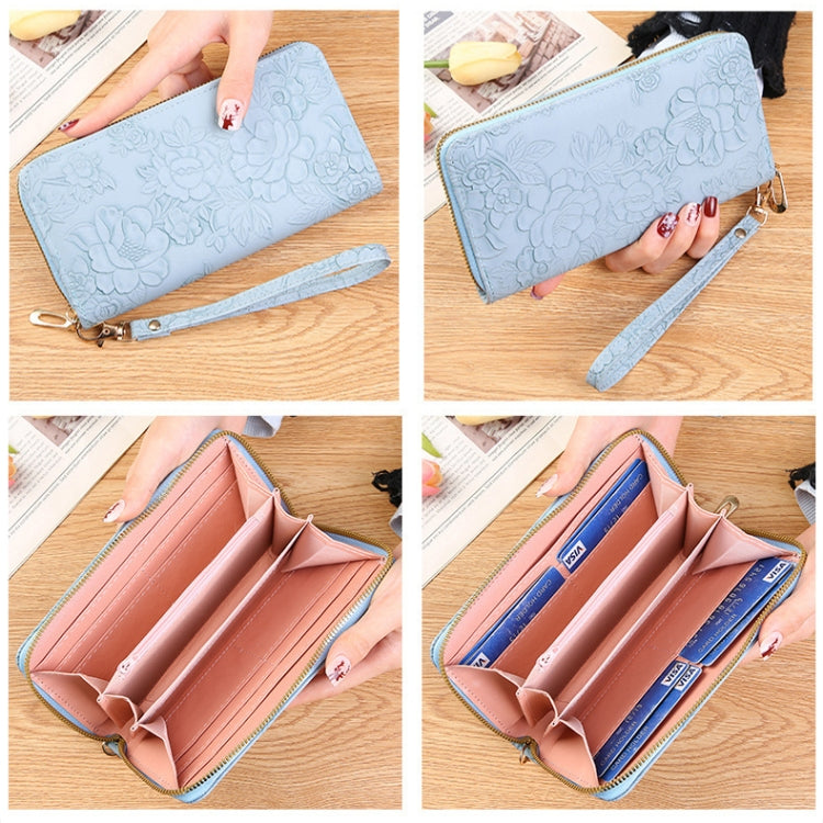 Large Capacity Embossed Long Zippered Wallet with Multiple Card Slots