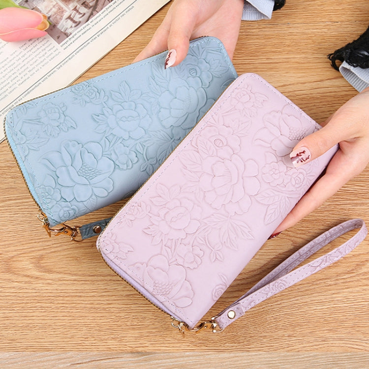 Large Capacity Embossed Long Zippered Wallet with Multiple Card Slots