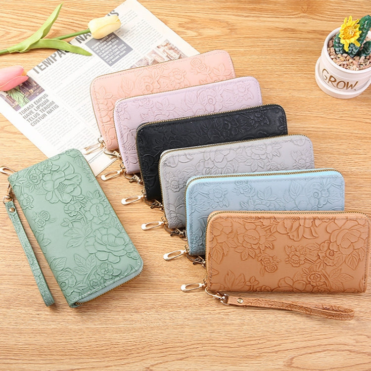 Large Capacity Embossed Long Zippered Wallet with Multiple Card Slots