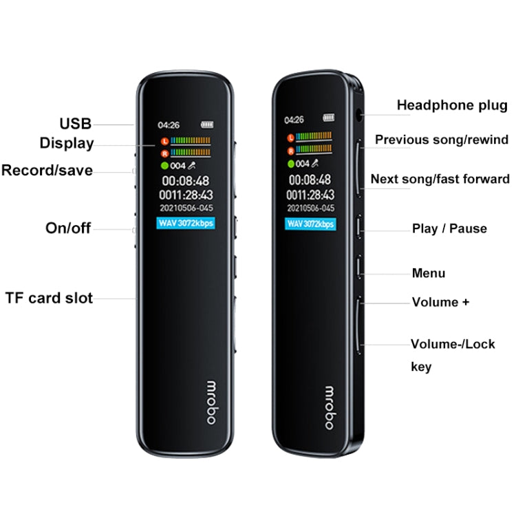 Mrobo RV-19 0.96-inch HD Screen 3D Noise Reduction Recording Pen Music Player, Capacity: 32GB - Black
