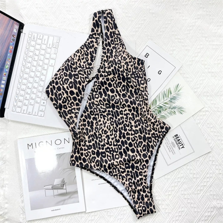 Leopard Print Hollow Strap One-piece Swimsuit For Women, Size: L