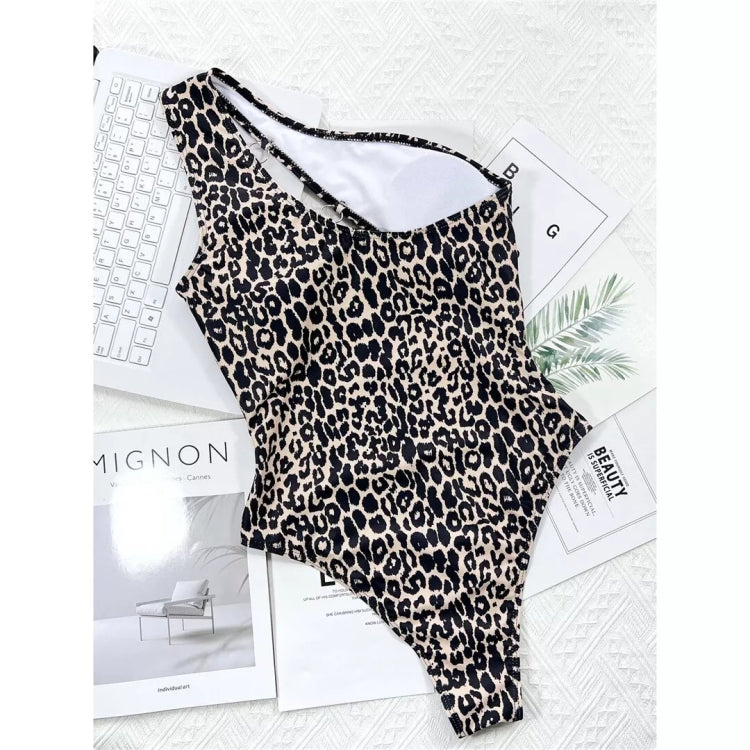 Leopard Print Hollow Strap One-piece Swimsuit For Women, Size: L