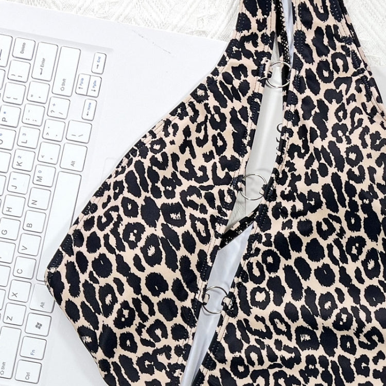 Leopard Print Hollow Strap One-piece Swimsuit For Women, Size: L