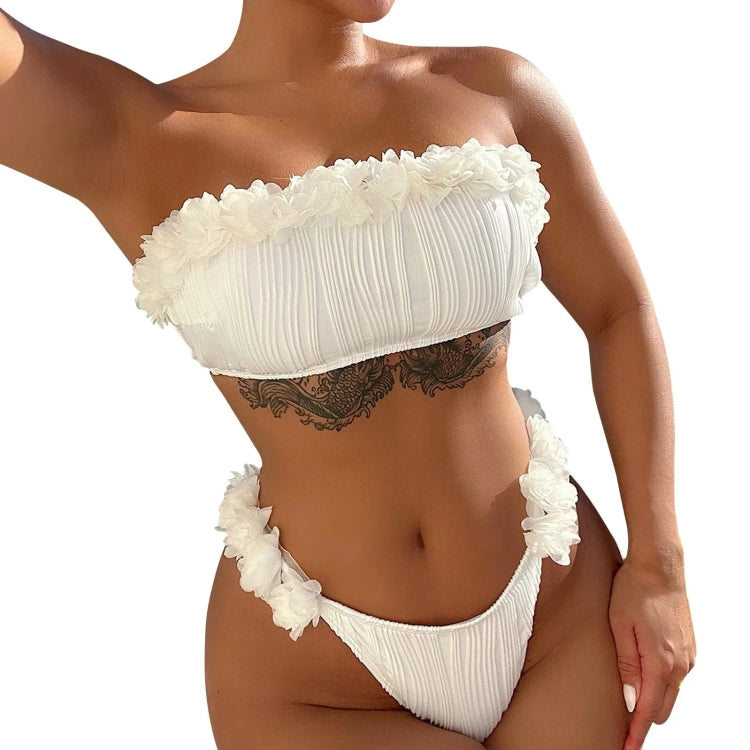 Women Two-Piece Swimsuit Strapless Sexy Bikini Top With Flower Decoration, Size: M