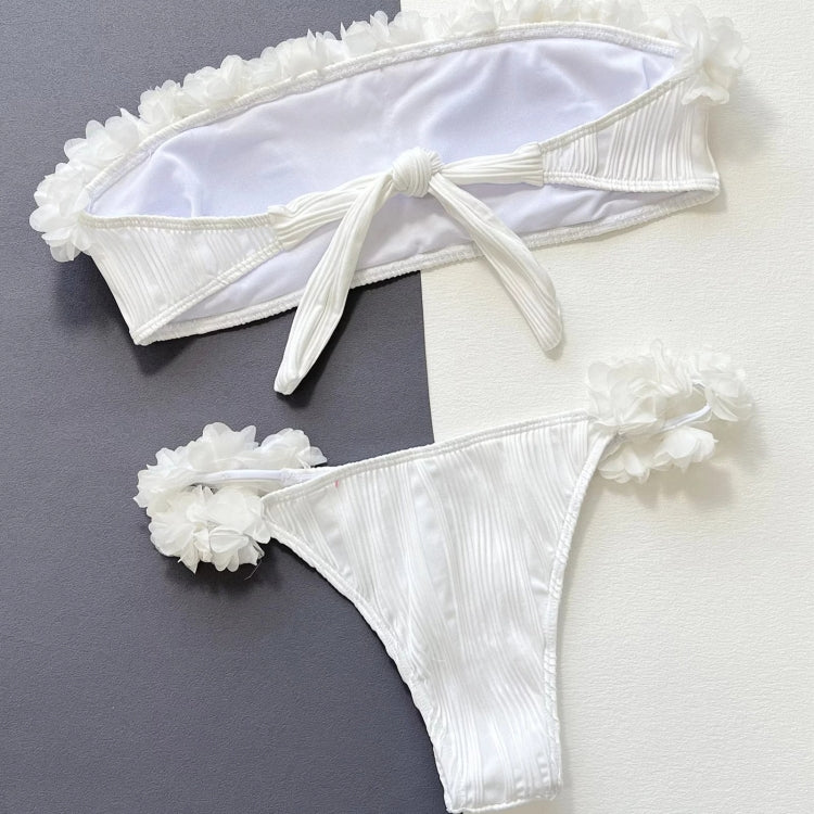 Women Two-Piece Swimsuit Strapless Sexy Bikini Top With Flower Decoration, Size: M
