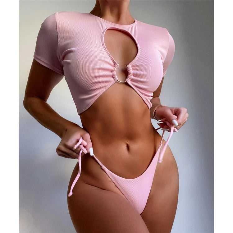 Women Two-Piece Short Sleeve Hollow Swimwear Set Female Bikini Bathing Suit, Size: L