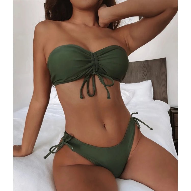 Women  Sexy Lace Up Bandeau Two Pieces Set Bikini Drawstring Tie Side Swimsuit Swimwear, Size: S - Green