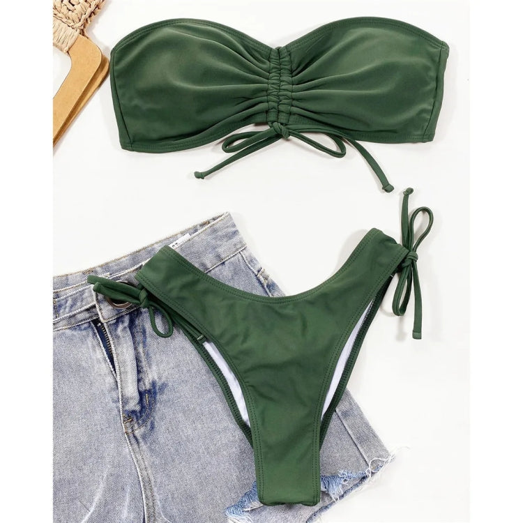 Women  Sexy Lace Up Bandeau Two Pieces Set Bikini Drawstring Tie Side Swimsuit Swimwear, Size: S - Green