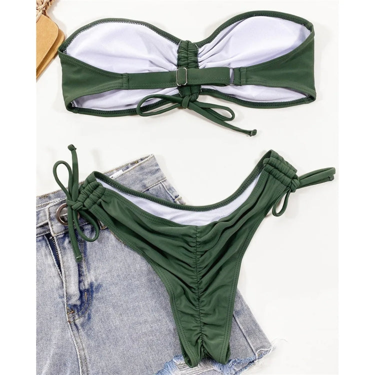 Women  Sexy Lace Up Bandeau Two Pieces Set Bikini Drawstring Tie Side Swimsuit Swimwear, Size: L - Green