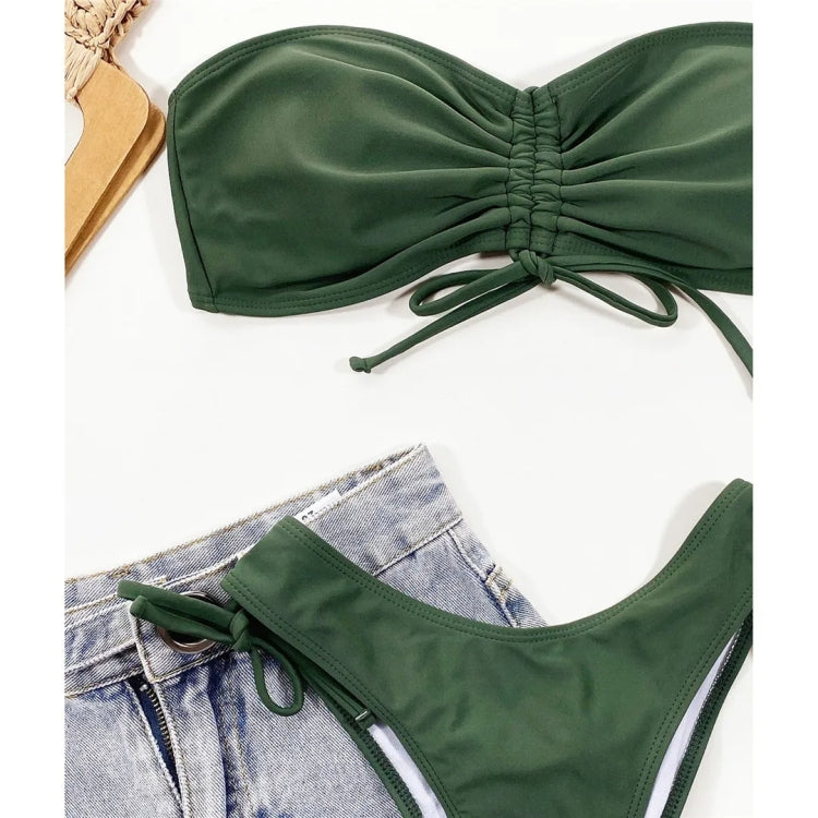 Women  Sexy Lace Up Bandeau Two Pieces Set Bikini Drawstring Tie Side Swimsuit Swimwear, Size: S - Green