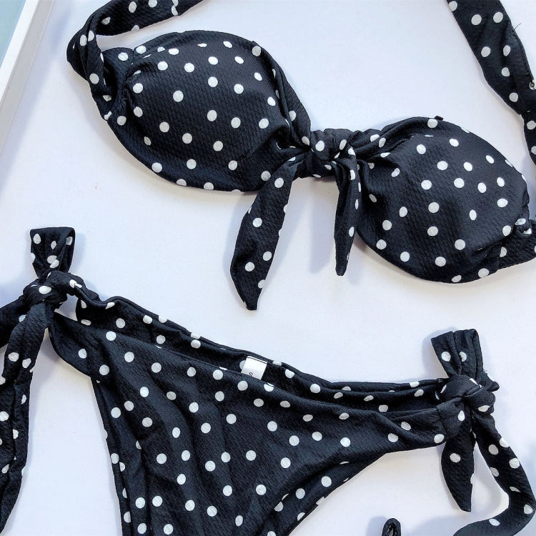 Women Dot Print Front Tie Bandeau Bikini Two Pieces Set Thong Swimsuit, Size: M