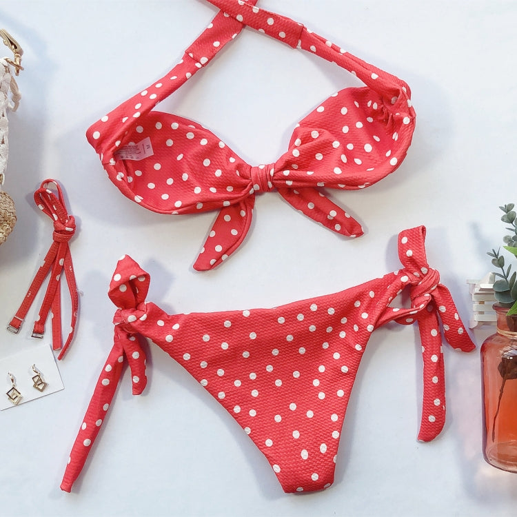 Women Dot Print Front Tie Bandeau Bikini Two Pieces Set Thong Swimsuit, Size: M