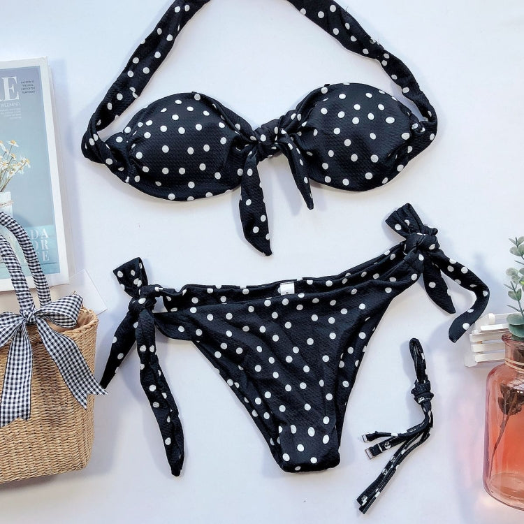 Women Dot Print Front Tie Bandeau Bikini Two Pieces Set Thong Swimsuit, Size: L