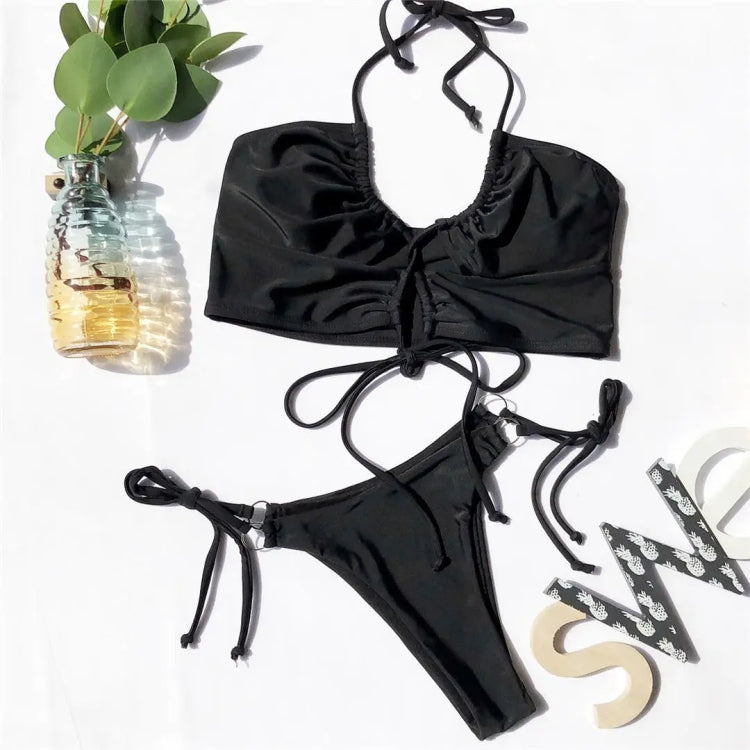 Two-pieces Bikini Set Lace Up Swimsuit Sexy Bandeau Thong, Size: S
