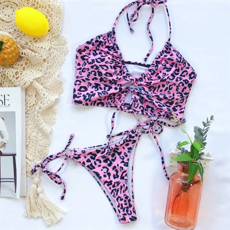Two-pieces Bikini Set Lace Up Swimsuit Sexy Bandeau Thong, Size: L
