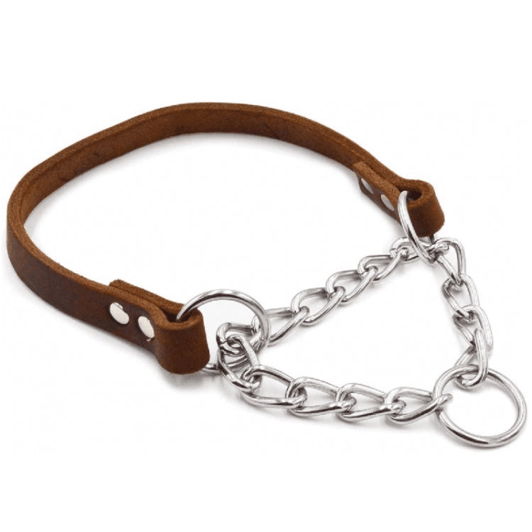 Half P Shape Pet Dog Collar Leather Dog Chain Collar, Size: M - Coffee