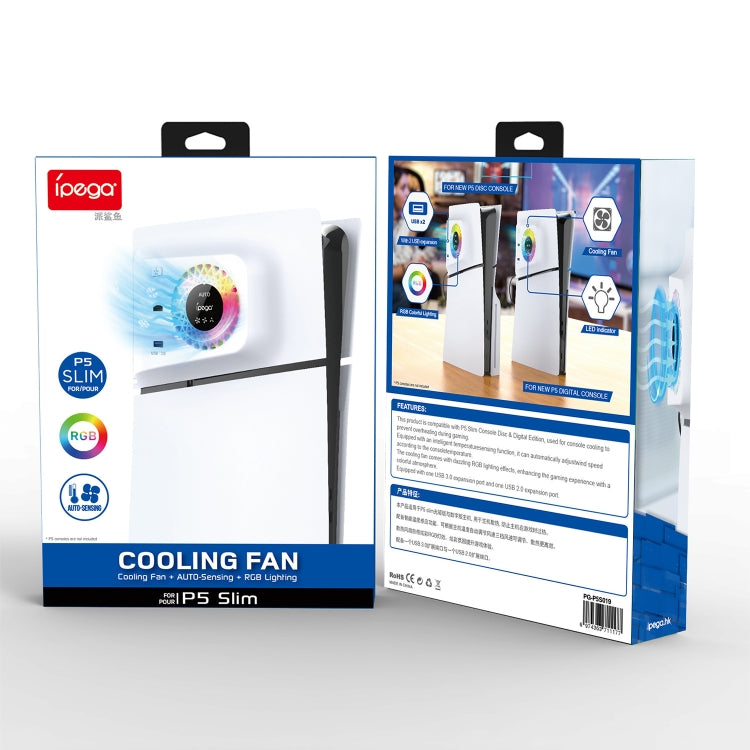 For PS5 Slim ipega PG-P5S019 Temperature Control Cooling Fan Face Cover Cooler + USB HUB with RGB Lights