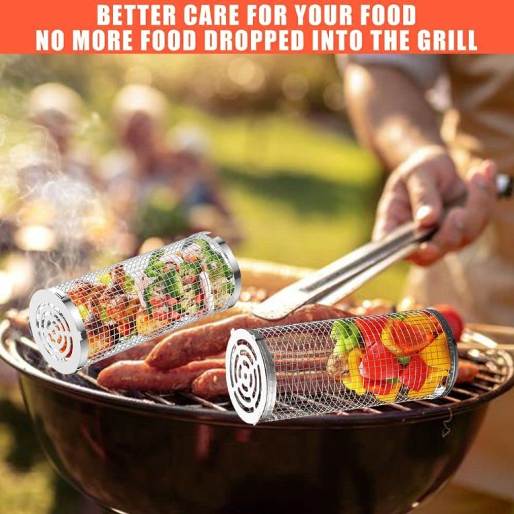 Upgrade Flip-Top Lid BBQ Cage Stainless Steel Rolling Grilling Basket, Spec: Small+Large