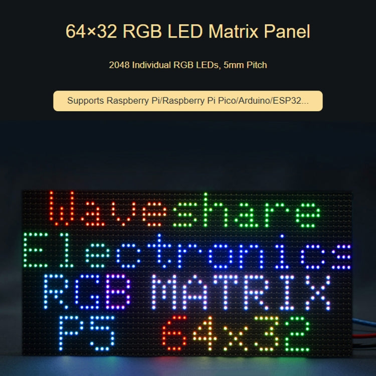 Waveshare RGB Full-color LED Matrix Panel, 5mm Pitch, 64x32 Pixels, Adjustable Brightness - 25848
