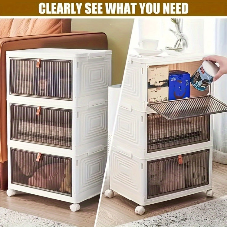 5-Tier Stackable Plastic Storage Bins With Wheels & Magnetic Door For Snacks, Clothes, Kitchen Supplies, Shoes