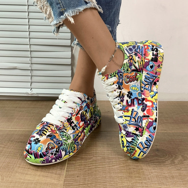 Outdoor Thick Bottom Lacing Sneakers Cartoon Graffiti Printed Couple Casual Shoes, Size: 37