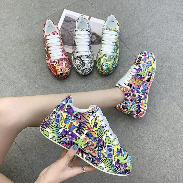 Outdoor Thick Bottom Lacing Sneakers Cartoon Graffiti Printed Couple Casual Shoes, Size: 37