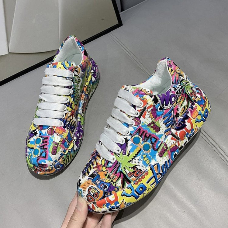 Outdoor Thick Bottom Lacing Sneakers Cartoon Graffiti Printed Couple Casual Shoes, Size: 41