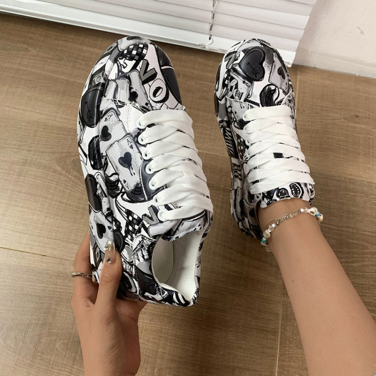 Outdoor Thick Bottom Lacing Sneakers Cartoon Graffiti Printed Couple Casual Shoes, Size: 38