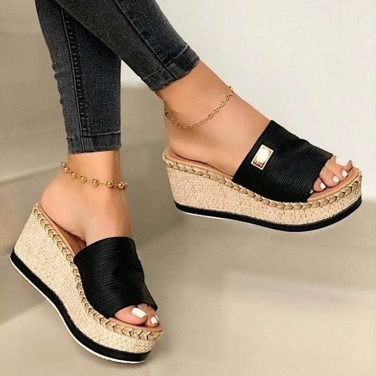 Summer Casual Sandals Women Shoes Hemp Rope Woven Thick Bottom Slope Heel Slippers, Size: 42
