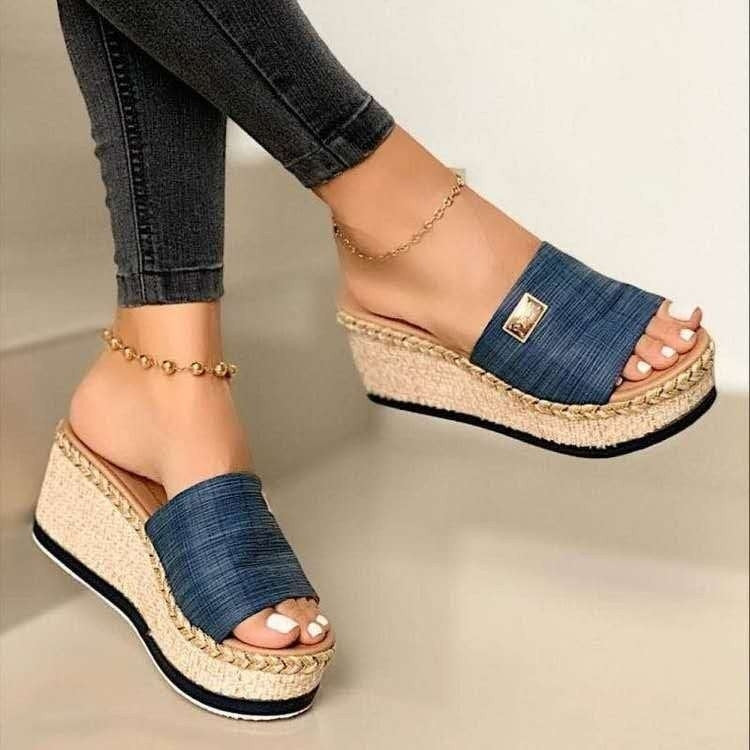 Summer Casual Sandals Women Shoes Hemp Rope Woven Thick Bottom Slope Heel Slippers, Size: 43