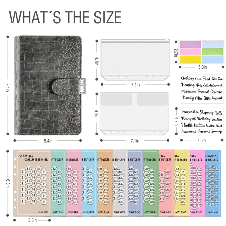 A6 Crocodile Pattern Money Saving Challenge Budget Notebook PU Leather Envelope Binder Budget
