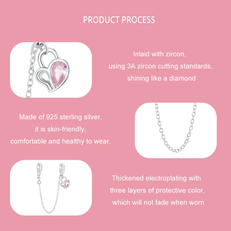 S925 Sterling Silver Valentine Heart Lock Silicone Safety Chain DIY Beading - BSC975