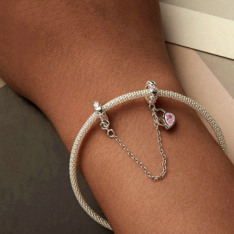 S925 Sterling Silver Valentine Heart Lock Silicone Safety Chain DIY Beading - BSC975