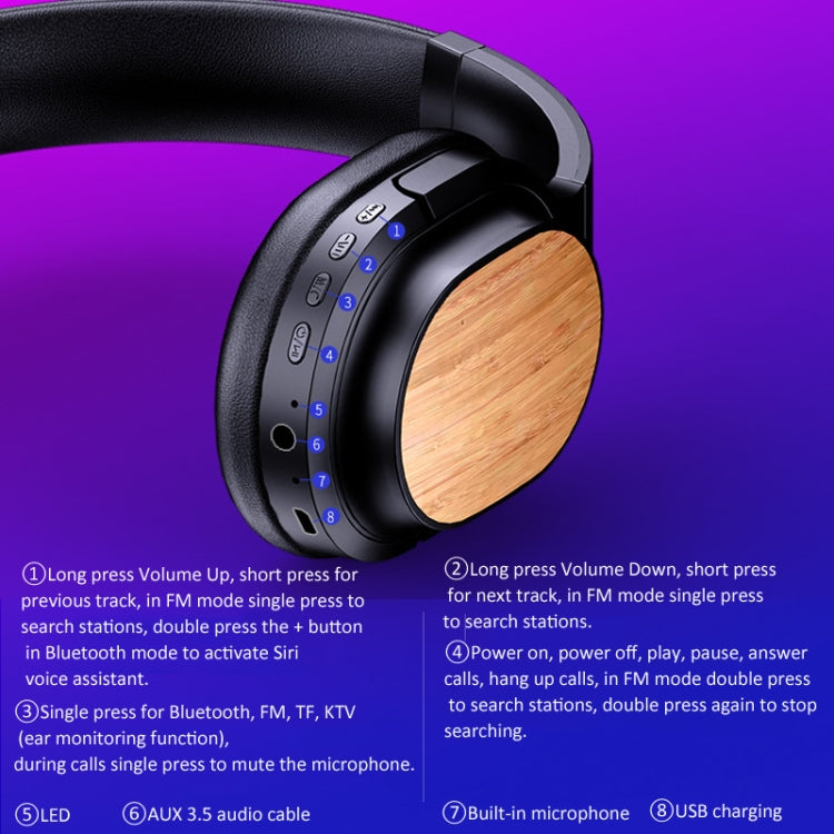 Bamboo Wood Bluetooth Headphones With Built-In Sound Card, TF Card / FM / AUX Support - White