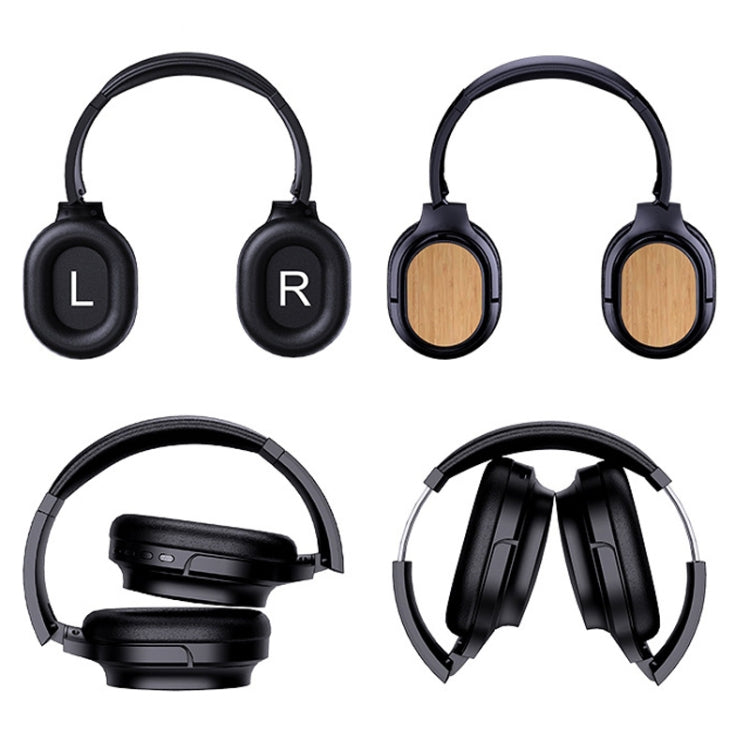 Bamboo Wood Bluetooth Headphones With Built-In Sound Card, TF Card / FM / AUX Support - Black