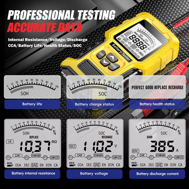 FOXSUR 12V/24V Automotive Lead-acid Battery Internal Resistance Rapid Analyzer - Yellow