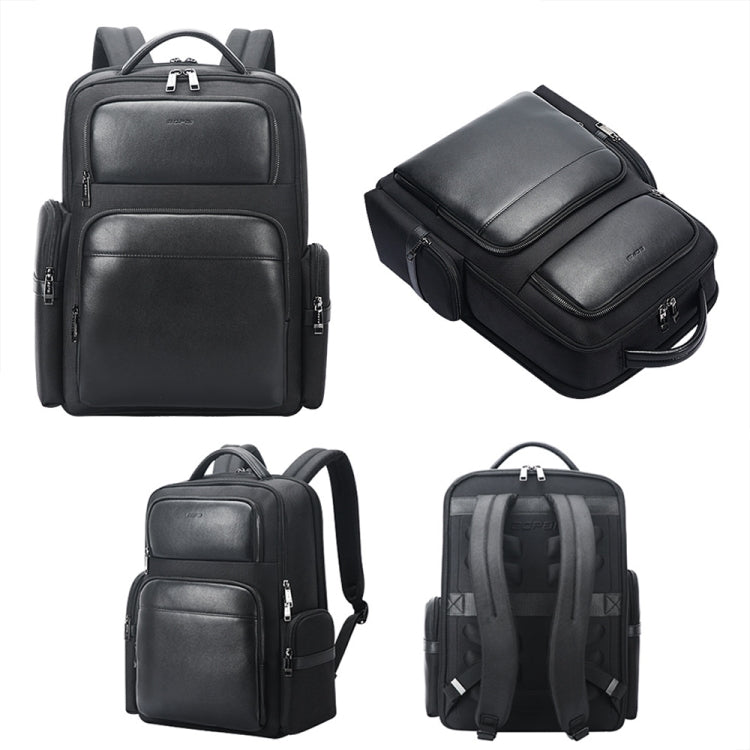 Bopai 61-125031 Large-capacity First-layer Cowhide Business Laptop Backpack With USB+Type-C Port - Black