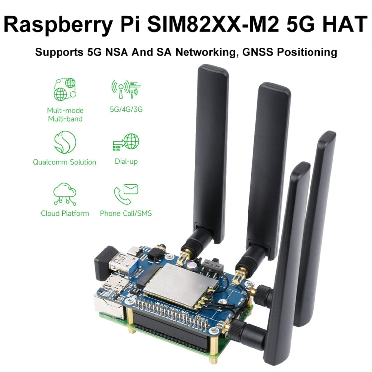 Waveshare SIM8262E-M2 5G HAT For Raspberry Pi, Quad Antennas 5G NSA, 5G/4G/3G Compatible - 23254