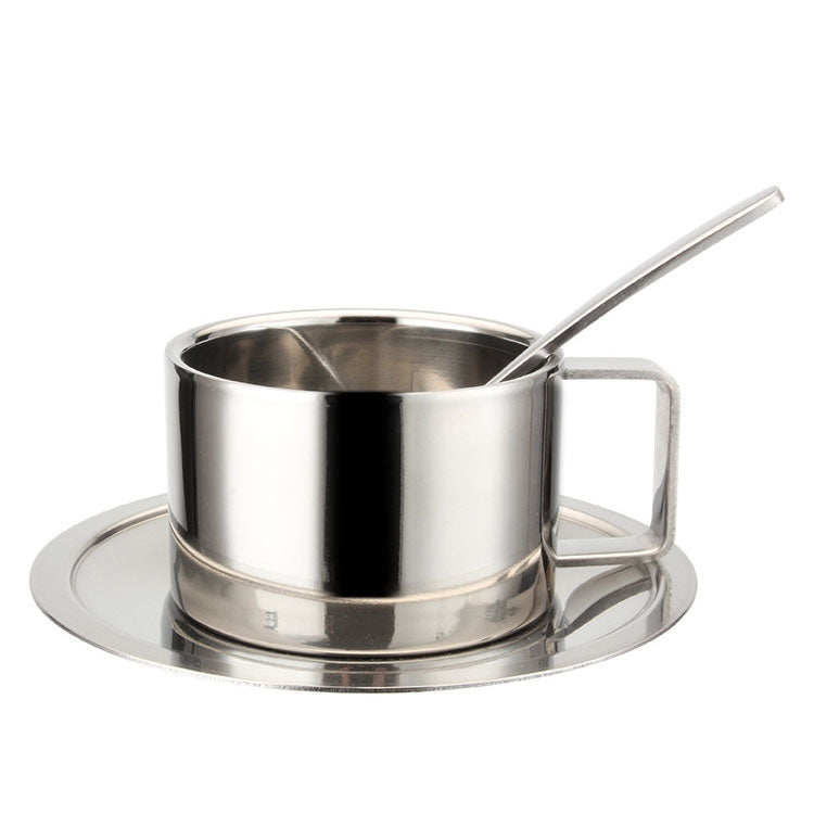 304 Stainless Steel 3 In 1 Double Layer Coffee Cup With Dish and Spoon Heat Insulation and Anti-Scald Milk Tea Mug - Stainless Steel Color