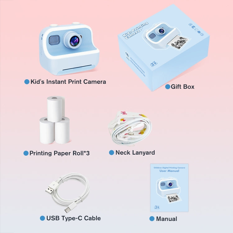 M8 2.4-Inch 1080P HD 2400W Pixel Dual-Camera Children Thermal Printing Camera, Color: Blue+32GB