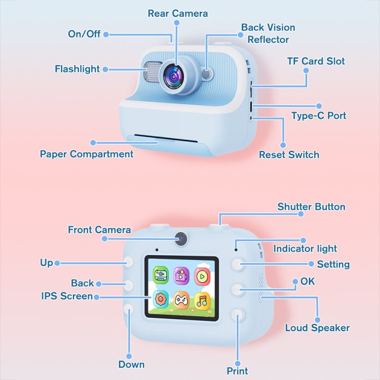 M8 2.4-Inch 1080P HD 2400W Pixel Dual-Camera Children Thermal Printing Camera, Color: Purple+32GB