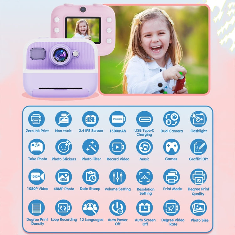 M8 2.4-Inch 1080P HD 2400W Pixel Dual-Camera Children Thermal Printing Camera, Color: Purple+32GB