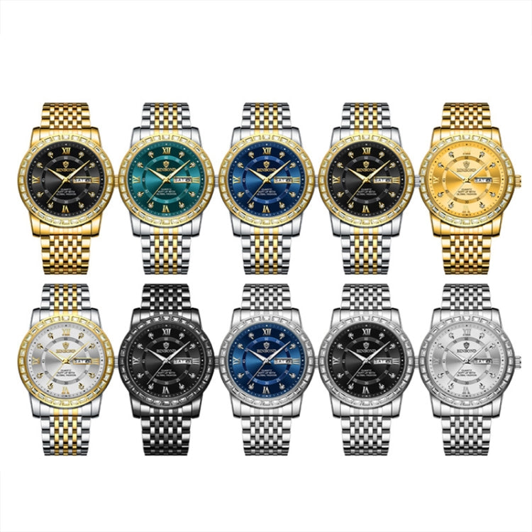 BINBOND B2202 Diamond Dual-calendar Luminous Quartz Watch, Color: Black Steel-Black-White Nail