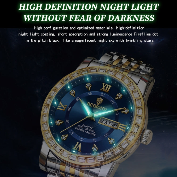BINBOND B2202 Diamond Dual-calendar Luminous Quartz Watch, Color: Inter-gold-Green