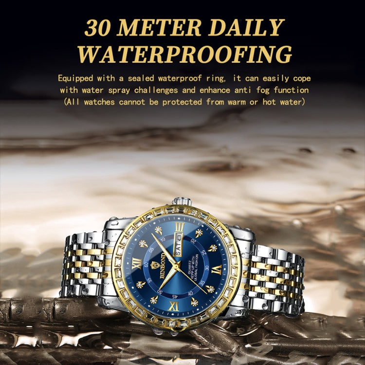 BINBOND B2202 Diamond Dual-calendar Luminous Quartz Watch, Color: Inter-gold-Blue