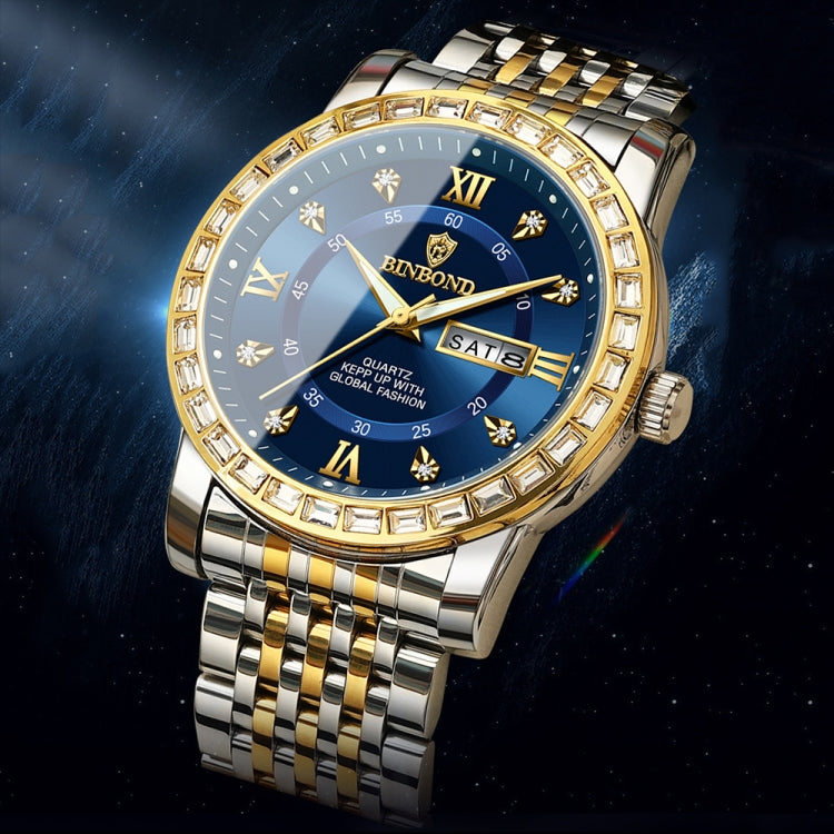 BINBOND B2202 Diamond Dual-calendar Luminous Quartz Watch, Color: Full-gold-Black