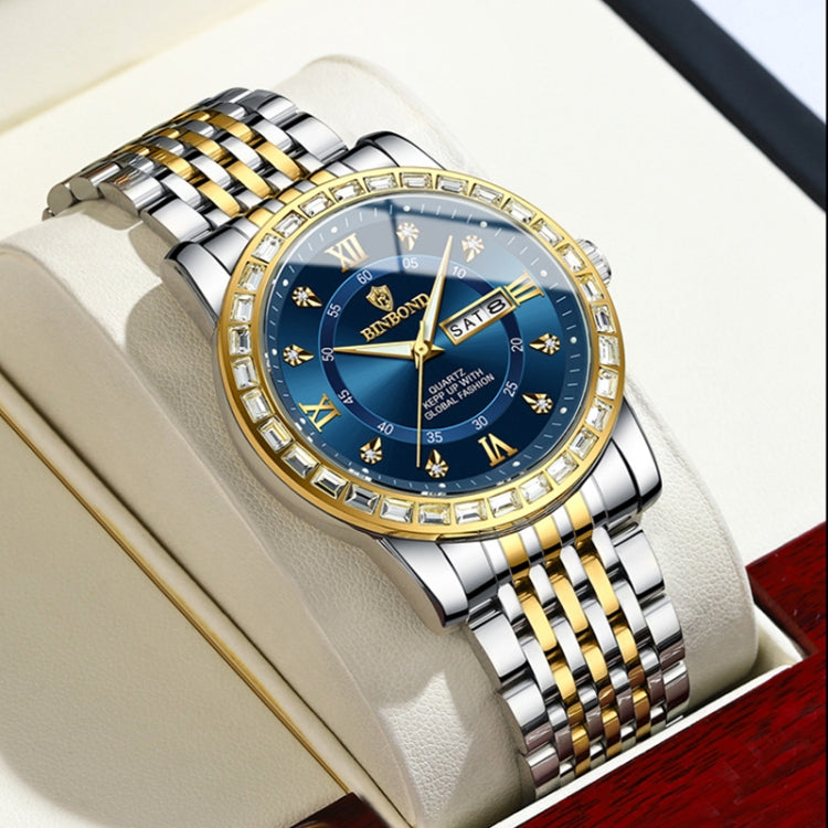 BINBOND B2202 Diamond Dual-calendar Luminous Quartz Watch, Color: Inter-gold-White